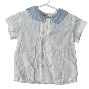 Jack & Teddy 100% Linen Collared Double Breasted Shirt White/Blue Size 18 Months